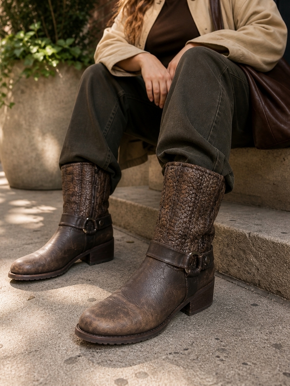 Stuart Weitzman Brown Leather Moto Boots Knit Shaft Buckle Detail | Boho Rustic
